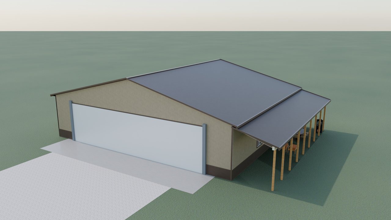 Photoreal render of the aviator's hangar: a tan steel building with a 54 foot bi-fold door and a covered patio lean-to