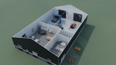 Cutaway render of the shop with living quarters, roof removed, showing the great room, bedroom, bath and the lift bay